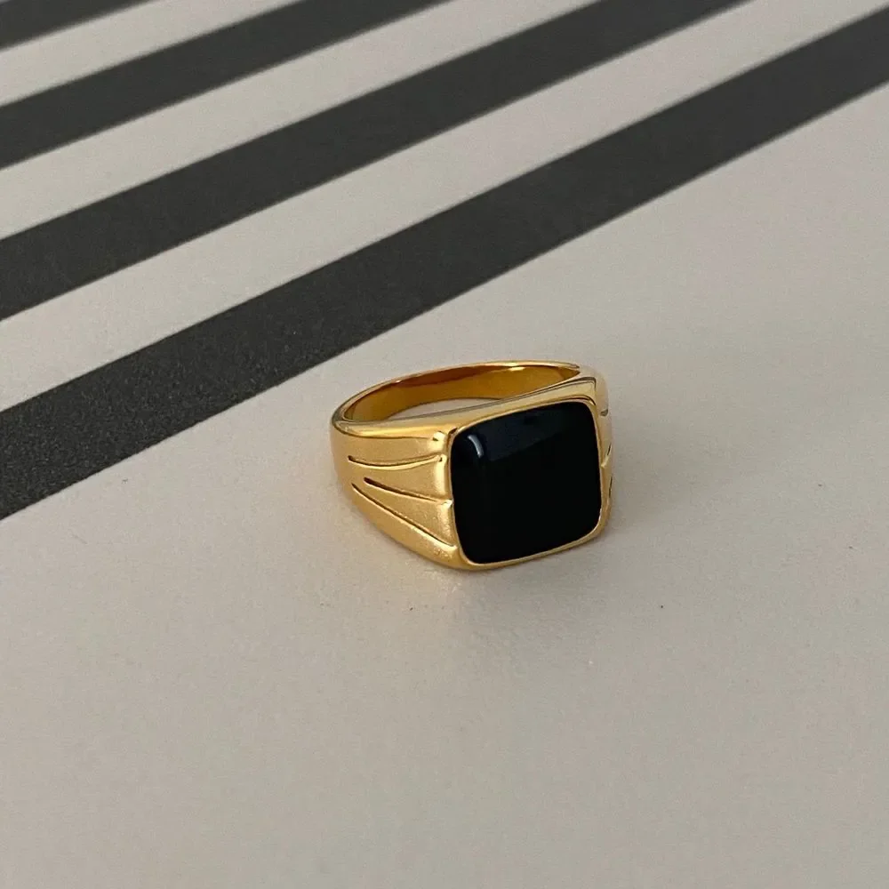 18K Gold Plated Statement Unisex Black Spinel Signet Ring